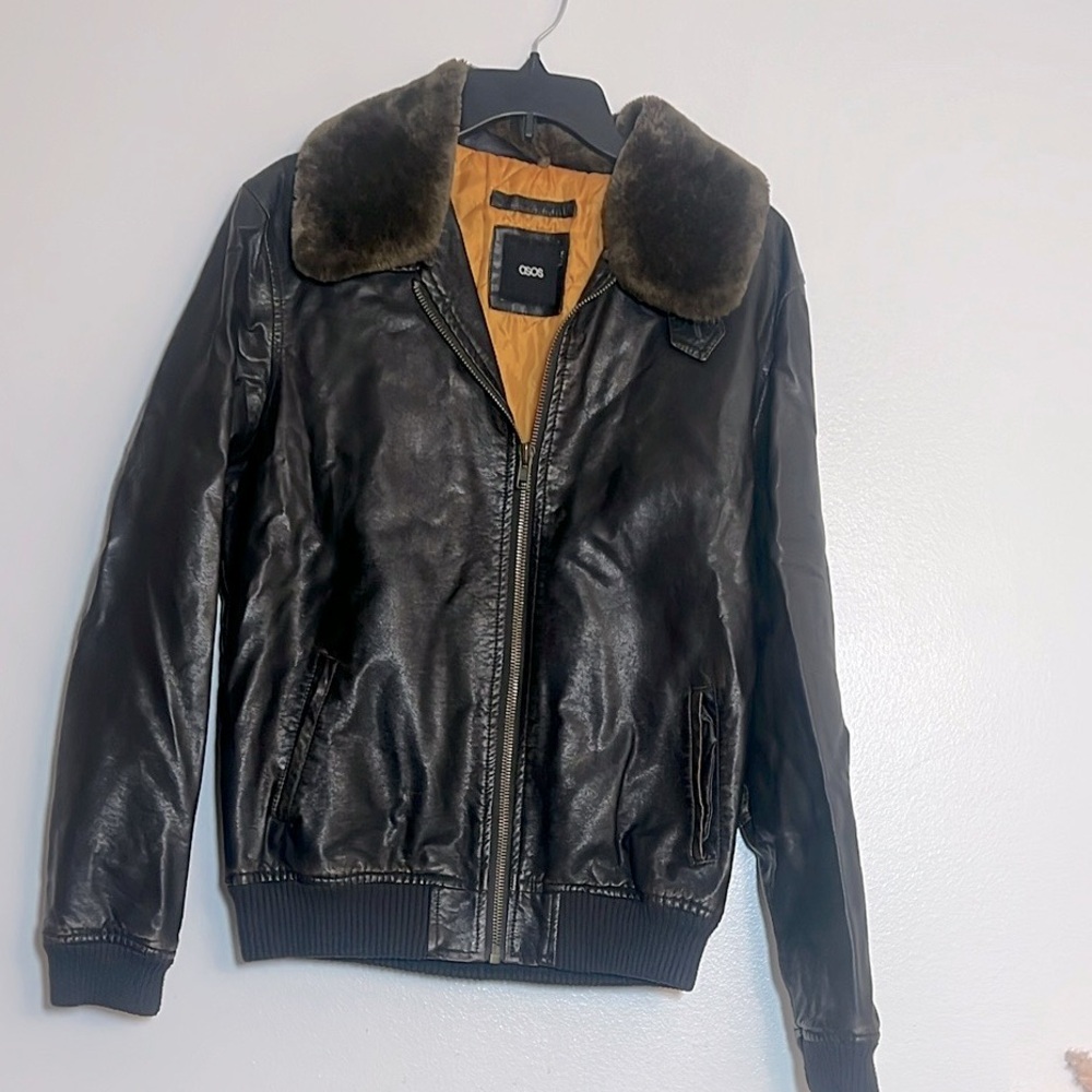 ASOS Brown PU Leather Bomber Military Jacket Small